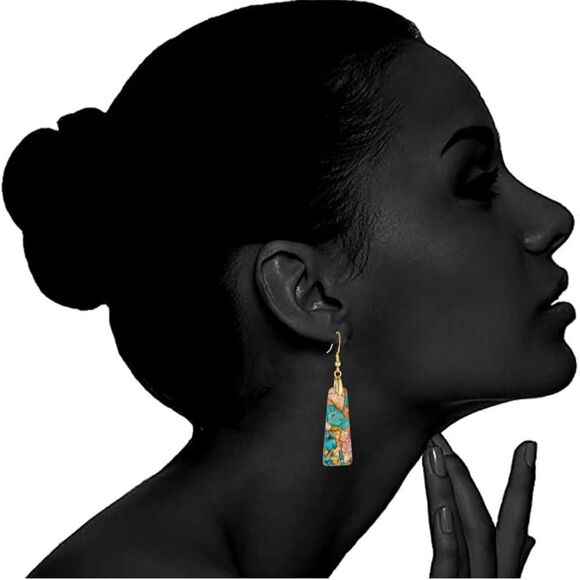 18K Yellow Gold with Natural Imperial Blue Orange Jasper Stone Hook Earrings - Picture 5 of 6